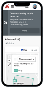 Image of iPhone showing AdvancedLive dashboard in commissioning mode